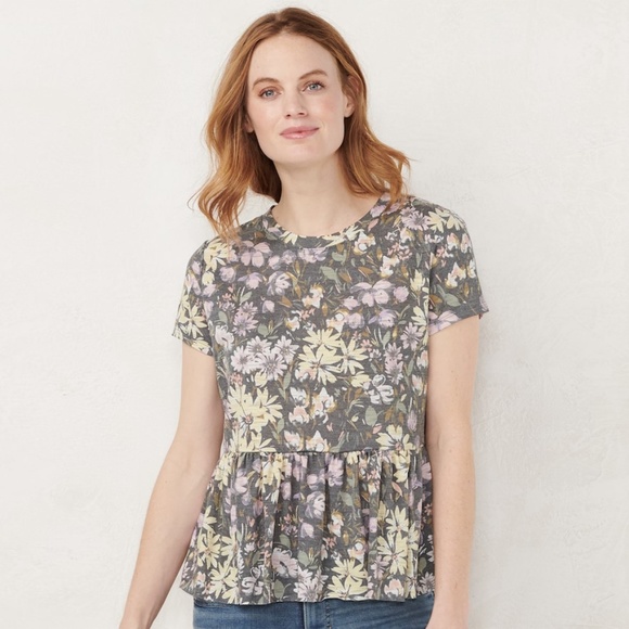 LC LAUREN CONRAD Top Floral Crewneck Jersey Peplum Short Sleeve Gray X-Large - Picture 1 of 7